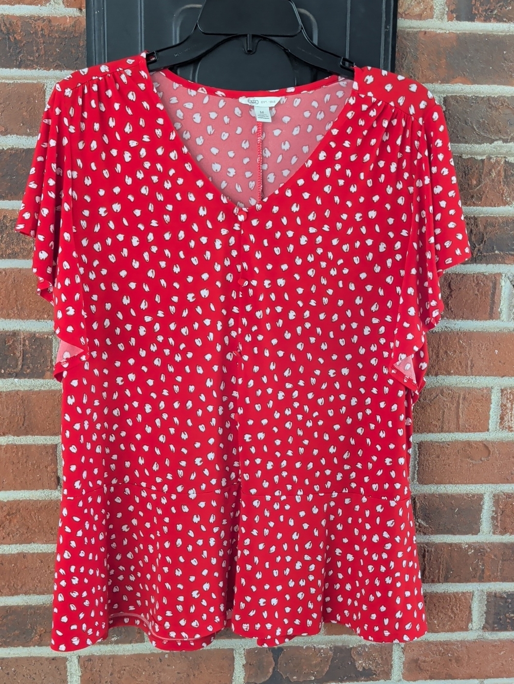 Cato Red Printed V-Neck Flutter Sleeve Top Size M